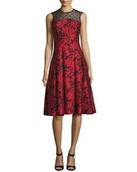 Carmen Marc Valvo Sleeveless Floral Jacquard Fit And Flare Dress Red