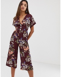 Love Capped Sleeve Floral Jumpsuit With Button Front Detail