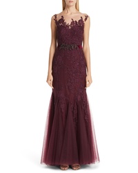 Badgley Mischka Collection Illusion Neck Lace Trumpet Gown