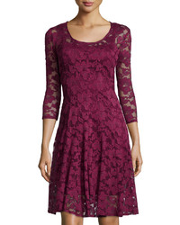 Burgundy Floral Lace Fit and Flare Dress