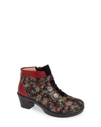 Burgundy Floral Leather Lace-up Ankle Boots