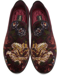 Dolce & Gabbana Burgundy Velvet Floral Loafers
