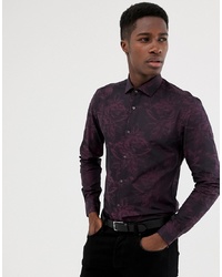 MOSS BROS Moss London Skinny Fit Shirt In Burgundy Floral Jacquard