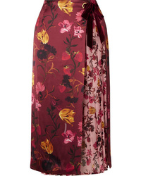 Burgundy Floral Satin Midi Skirt