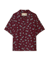 Burgundy Floral Silk Short Sleeve Button Down Shirt