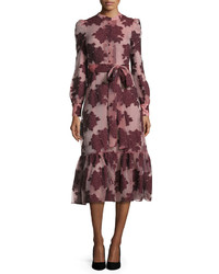 Co Floral Belted Long Sleeve Midi Dress Burgundy