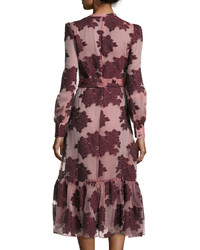 Co Floral Belted Long Sleeve Midi Dress Burgundy