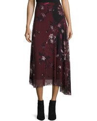 Fuzzi Long Floral Print Asymmetric Handkerchief Hem Tulle Skirt Plum