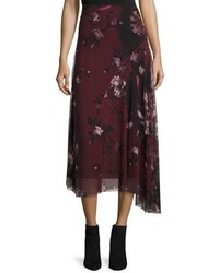 Fuzzi Long Floral Print Asymmetric Handkerchief Hem Tulle Skirt Plum