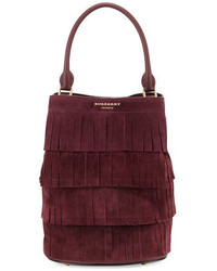 Burgundy Fringe Suede Bucket Bag