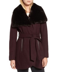 French Connection Faux Fur Collar Wool Blend Coat