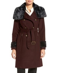Vince Camuto Wool Blend Military Coat With Faux Fur Trim