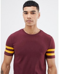 ASOS DESIGN Muscle Fit T Shirt With Sleeve Stripe In Burgundy