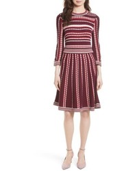 Burgundy Horizontal Striped Fit and Flare Dress