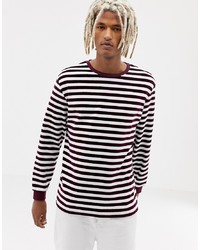 ASOS DESIGN Relaxed Velour Stripe Long Sleeve T Shirt With Contrast Rib In Burgundy And White