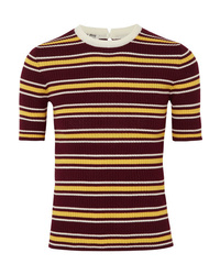Burgundy Horizontal Striped Short Sleeve Sweater