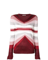 Burgundy Horizontal Striped V-neck Sweater