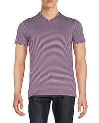 Burgundy Horizontal Striped V-neck T-shirt