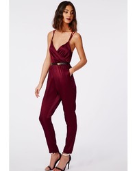 Missguided Maureen Silky Feel Strappy Wrap Jumpsuit Oxblood