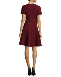 Lela Rose Short Sleeve Seamed Picot Knit Dress Crimson
