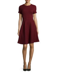 Lela Rose Short Sleeve Seamed Picot Knit Dress Crimson