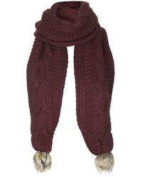 Topshop Cable Knit Scarf With Faux Fur Poms