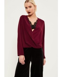 Missguided Burgundy Lace Wrap Blouse