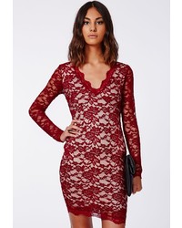 Missguided Cherry Lace Long Sleeve Plunge Neck Bodycon Dress Burgundy