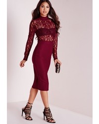 Missguided Lace High Neck Crepe Skirt Midi Dress Burgundy