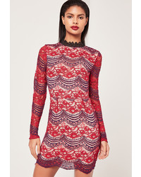 Missguided Lace Long Sleeve Open Back Bodycon Dress Burgundy