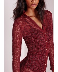 Missguided Lace Midi Shirt Dress Burgundy
