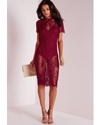Missguided Lace Short Sleeve Bodycon Dress Burgundy