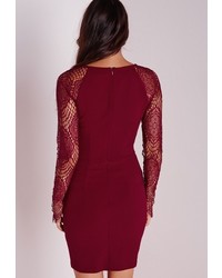 Missguided Lace Up Long Sleeve Bodycon Dress Burgundy