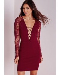 Missguided Lace Up Long Sleeve Bodycon Dress Burgundy