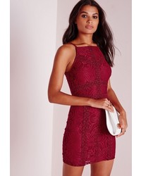 Missguided Square Neck Lace Bodycon Dress Burgundy