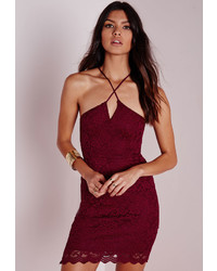 Missguided Strappy Cross Front Lace Bodycon Dress Burgundy