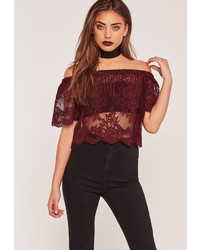 Missguided Bardot Sheer Lace Crop Top Burgundy