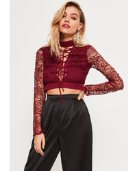 Missguided Burgundy Lace Up Choker Neck Long Sleeve Crop Top