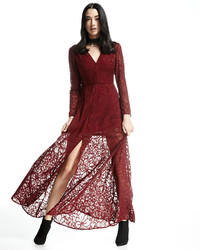 Glamorous Long Sleeve Lace Overlay Dress Burgundy