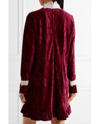 Anna Sui To The One I Love Lace Trimmed Crushed Velvet Mini Dress Burgundy