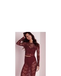 Missguided Long Sleeve Lace Crop Top Burgundy