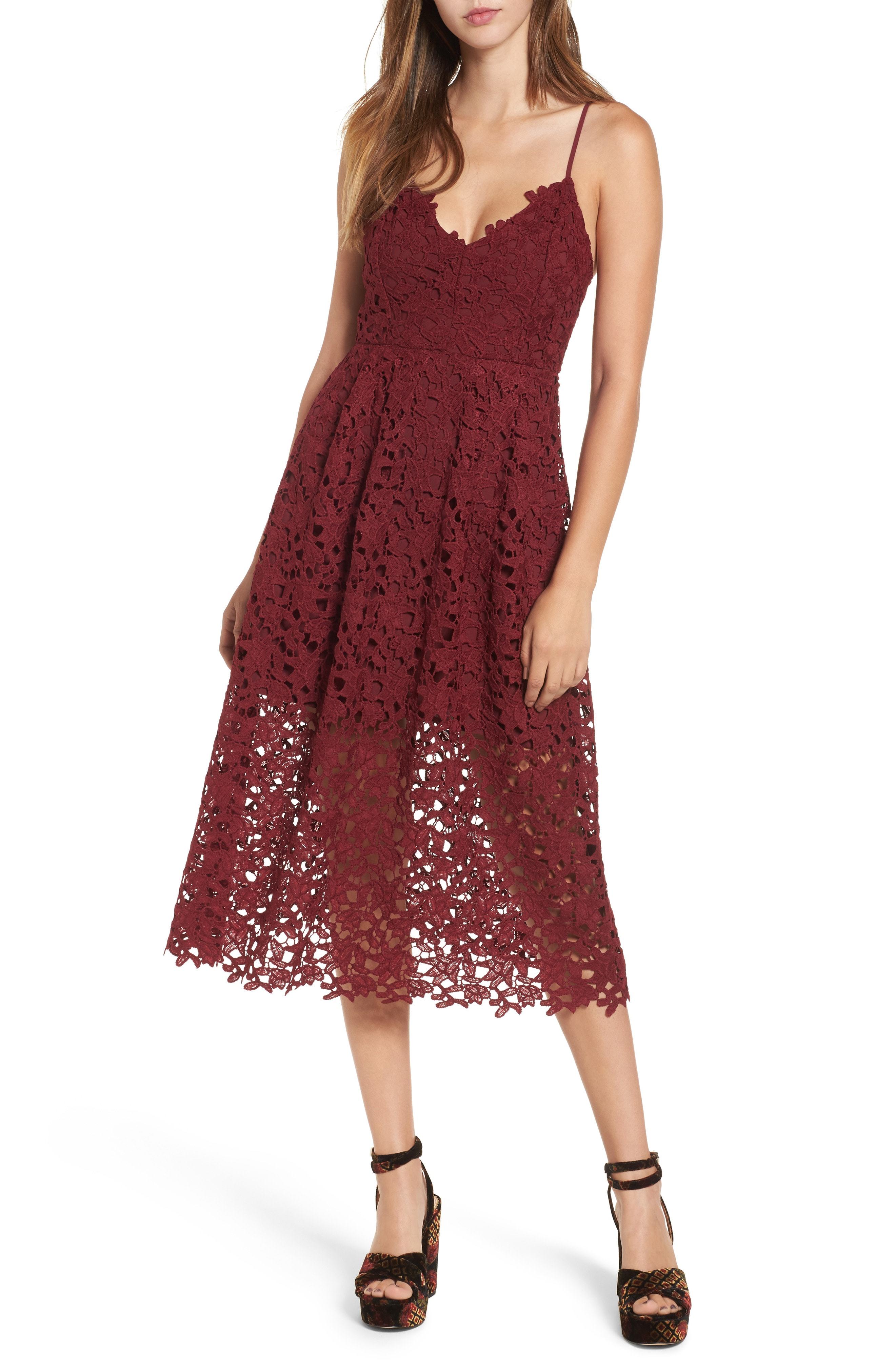 maroon lace midi dress
