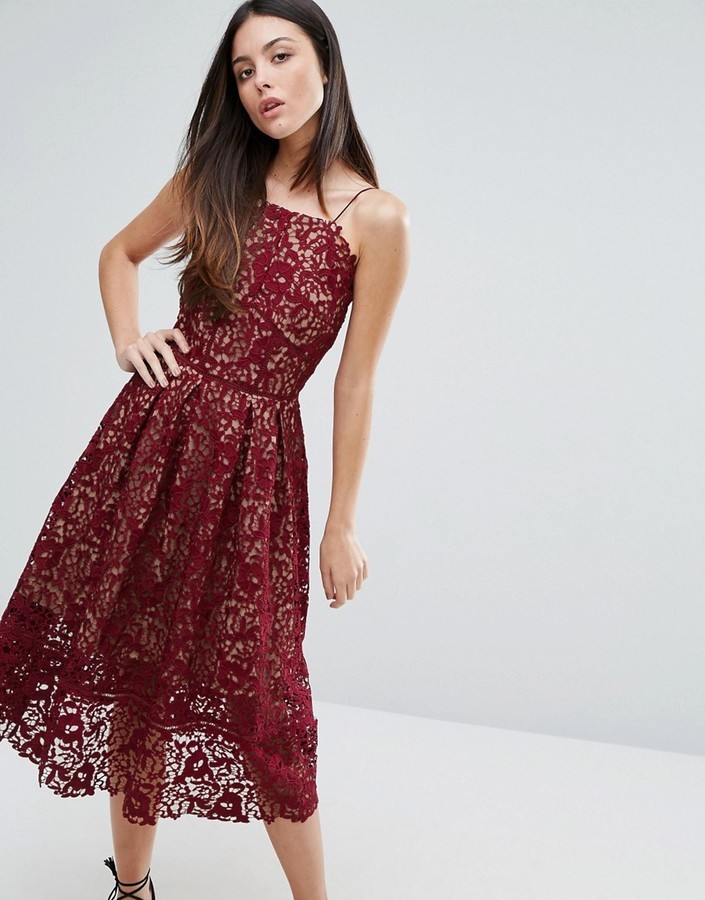 maroon lace midi dress