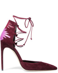 Brian Atwood Maka Lace Up Leather Paneled Suede Pumps Burgundy