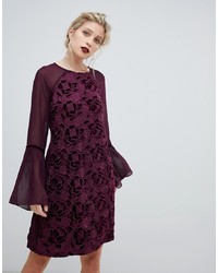 Paper Dolls Velvet Lace Shift Dress With Sheer Sleeve In Wine