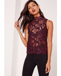 Missguided Lace High Neck Tank Top Top Burgundy