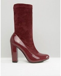 Daisy Street Burgundy Patent Sock Heeled Ankle Boots