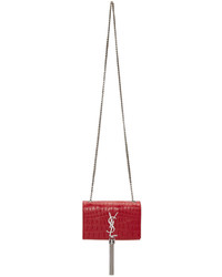 Saint Laurent Red Croc Embossed Small Monogram Kate Chain Bag