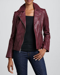 Neiman Marcus Notched Collar Trapunto Leather Moto Jacket
