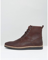 Asos Lace Up Boots In Burgundy Leather With Wedge Sole